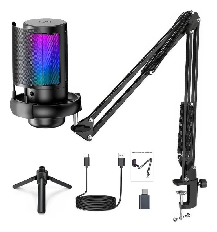 Microfone Condensador USB Cardioide RGB para Gravação e Jogos Preto