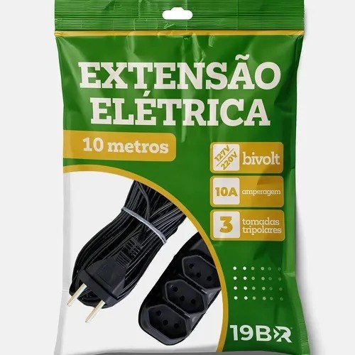 Extensão Elétrica 10 Metros com 3 Tomadas Bivolt Preta Parosflux