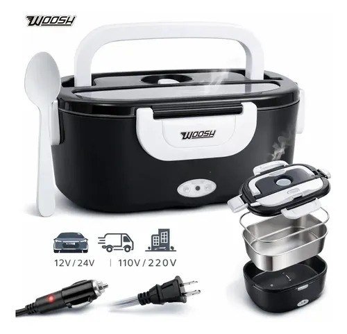 Marmita Elétrica Preta Bivolt Portátil Doméstica 110/220v Veicular 12/24v Lancheira 1.5l Com Divisórias Esquenta Rápido Refeições Práticas Trabalho Casa Carro Caminhão Viagem Faculdade Woosh