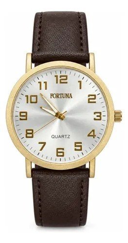 Relógio De Pulso Masculino Minimalista Old Money Fortuna Marrom Cx Dourada E Branco