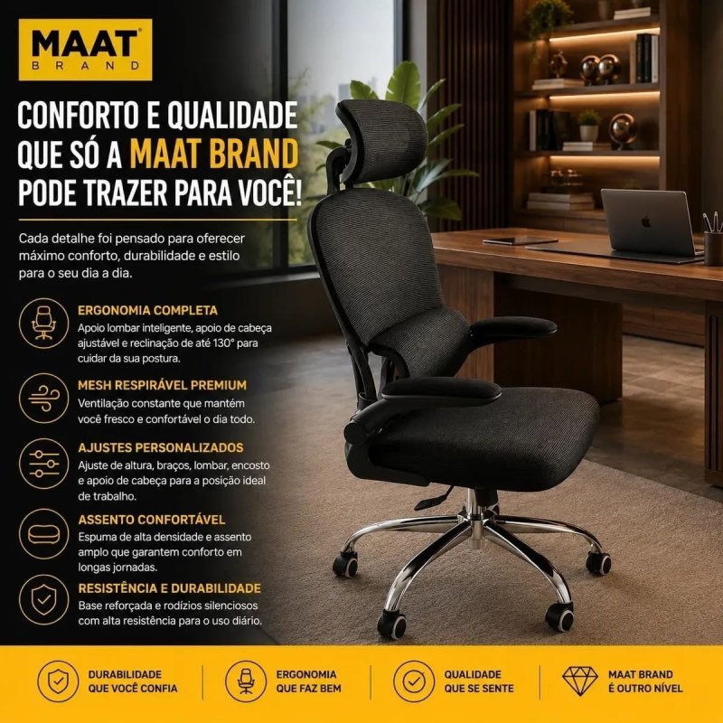 Cadeira de Escritório Ajuste Lombar Apoio de Cabeça Ajustável MAAT Ergonômica