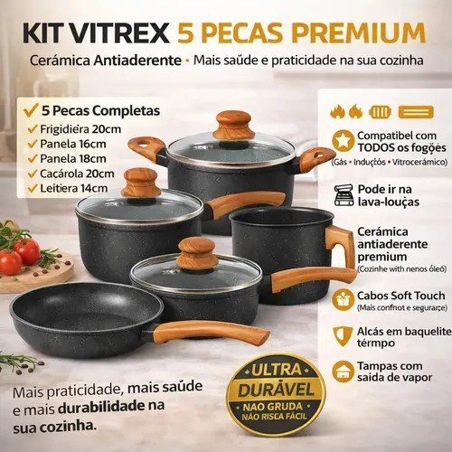 Jogo De Panelas Cerâmico Triplo Indução Vitrex Ecoglid 5 Peças Cor Preto Granito
