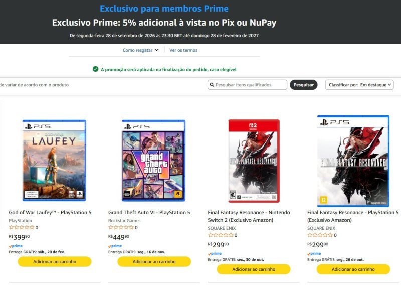 Cupom de 5% para membros Prime em pré-vendas de games