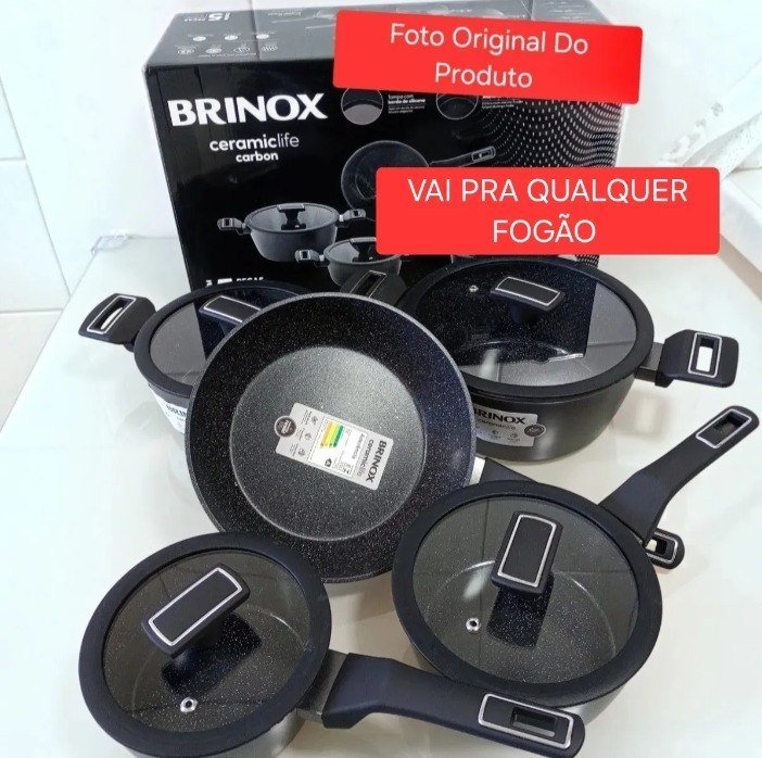 Jogo De Panelas Brinox Cerâmico 5 Pçs Carbon Ceramic Indução Cor Preto + Frete Grátis