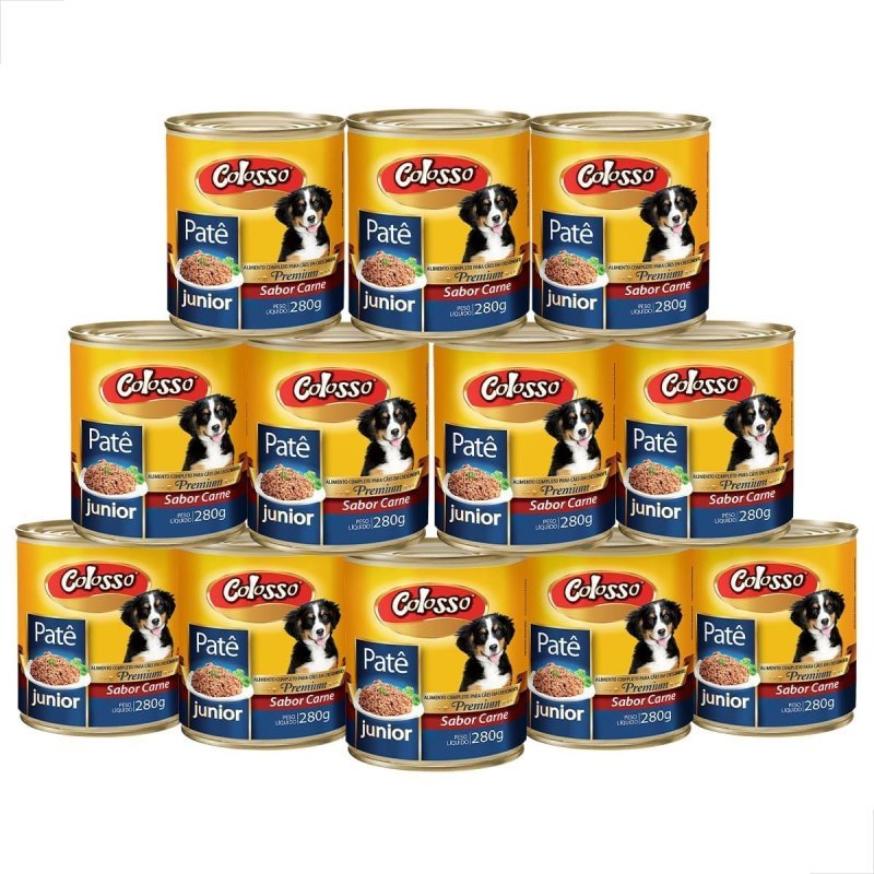 Kit 12 Unidades Patê Colosso Premium Cães Junior Sabor Carne, 280g