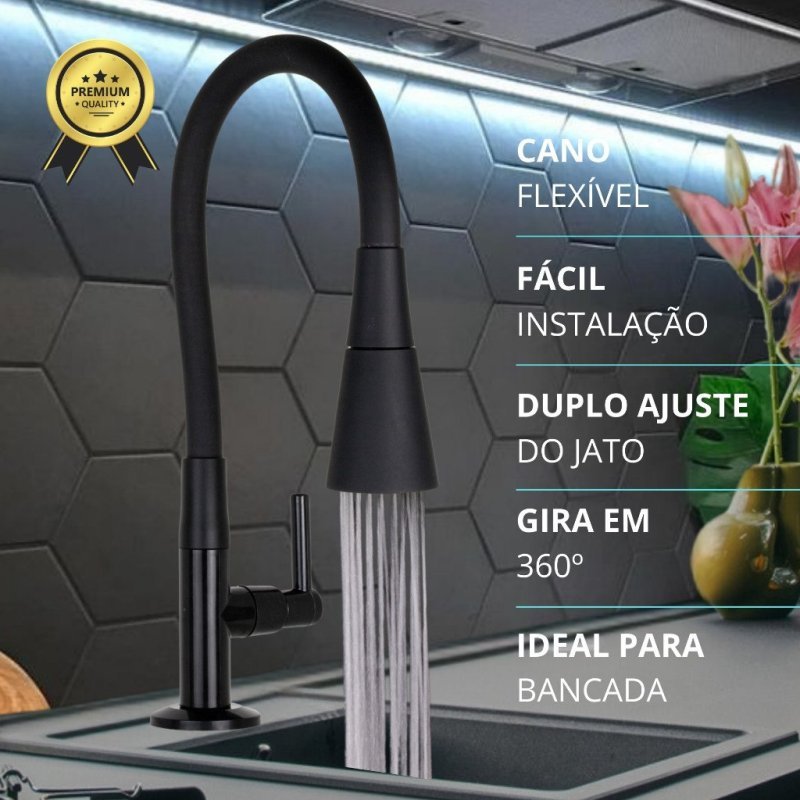 Torneira Bancada Cozinha Gourmet Preta Flexível 2 Jatos 1/4 de volta