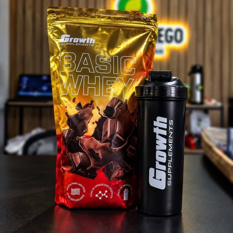 Kit Growth: Whey Protein Basic Chocolate 1kg + Coqueteleira Shaker Academia Preta 600ml + Frete Grátis