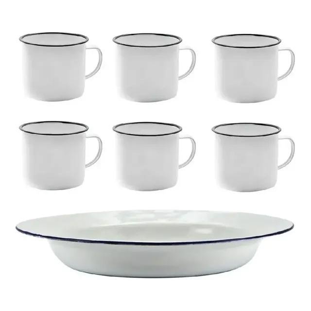 Kit 6 Pratos E 6 Canecas Esmaltados Brancos Alumínio Yazi