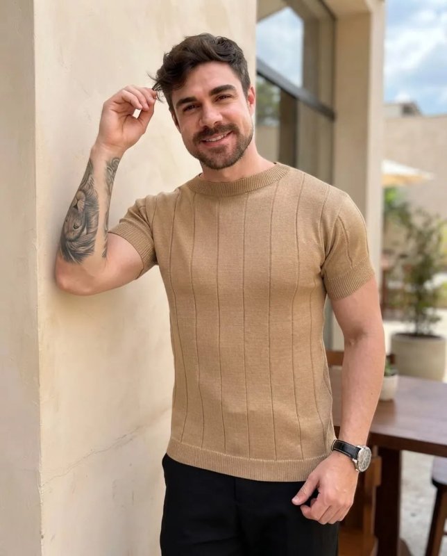 Camiseta Masculina Tricô Modal Premium Canelada Macia Social