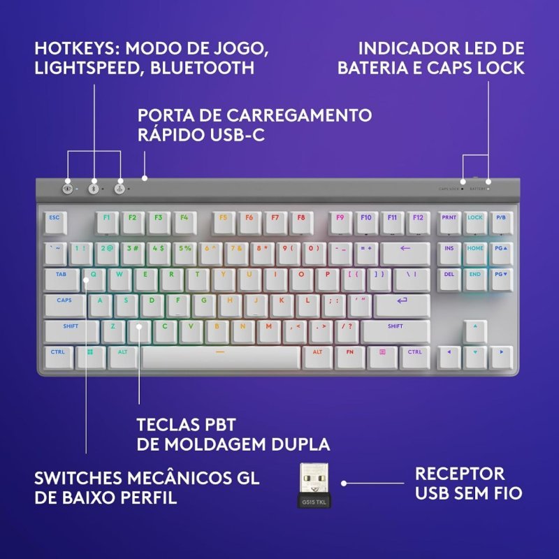 Teclado Mecânico Gamer Sem Fio Logitech G515 com Design TKL,Tecnologia LIGHTSPEED