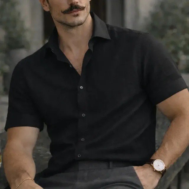 Camisa Casual Masculina Texturizada Com Botões Old Money Preto Linho