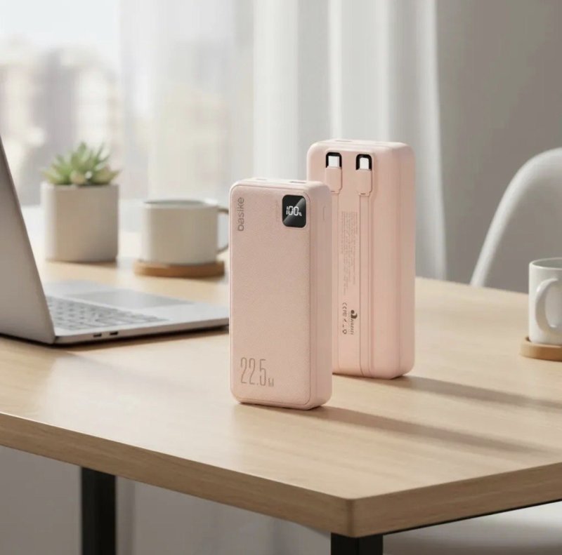 Power Bank Basike 20000mAh Rosa, Carga Rápida 22.5W para iPhone e Samsung, com Cabos Embutidos e Display