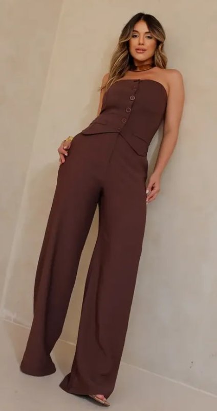Conjunto Elegante Feminino Calça Pantalona Top Alfaiataria