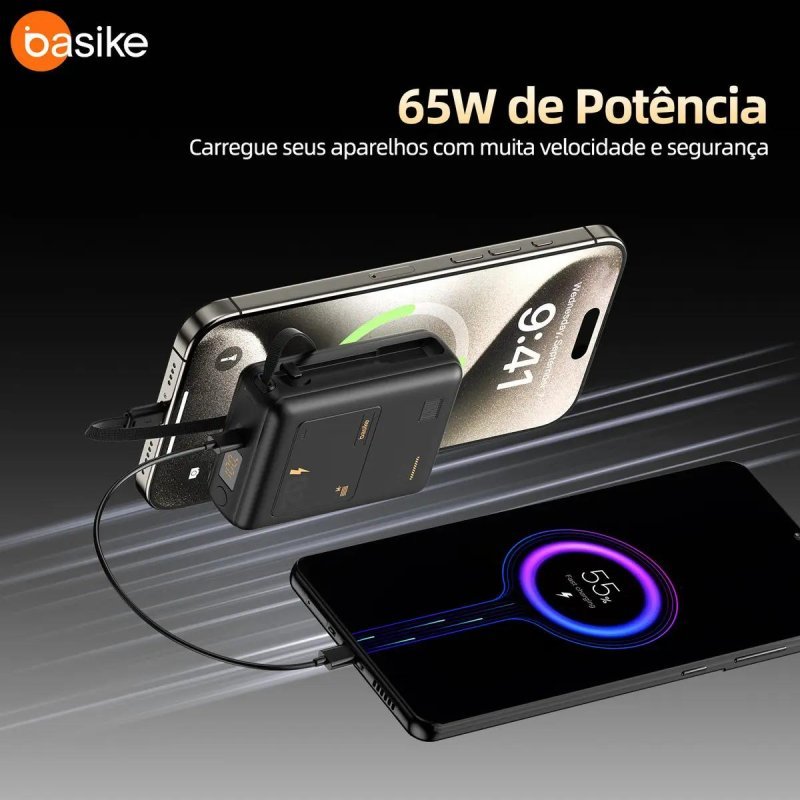Power Bank 65w, 20000mah, Com Display, Carregamento Rápido, Cabo Embutido