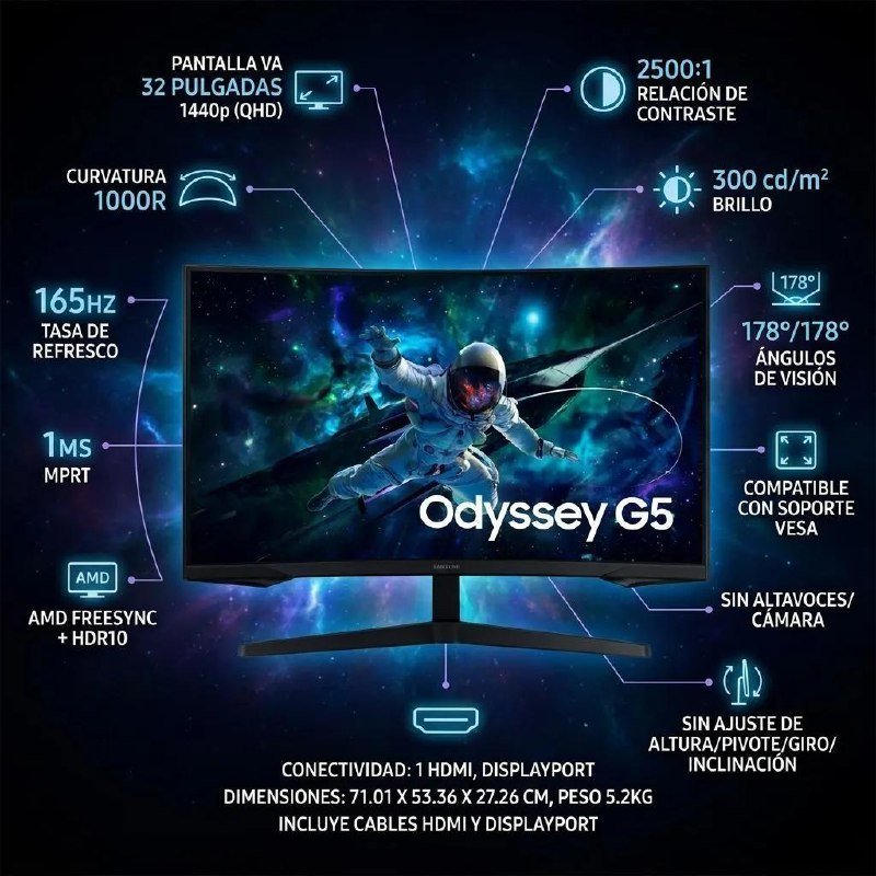 Monitor Gamer Samsung Odyssey G5, 32 ,qhd, 165hz,1ms,hdmi,dp Preto