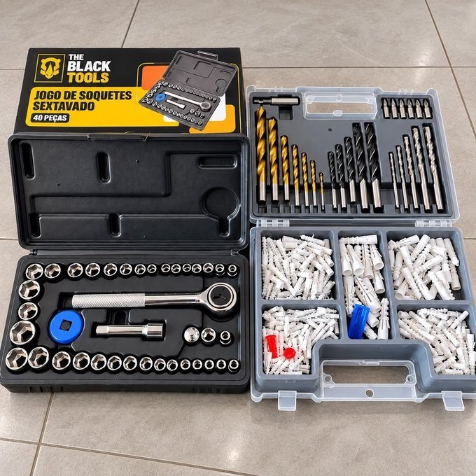 Jogo De Brocas Buchas E Bits Com 300 Peças E Maleta + Kit Chaves Catraca Reversível 40 Peças + Frete Grátis