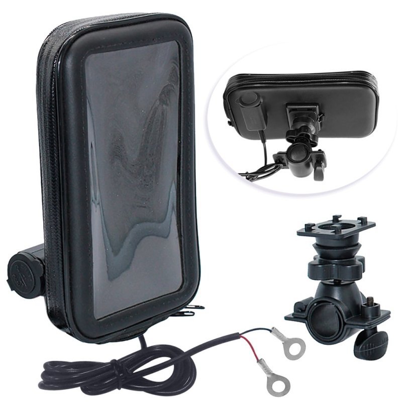 Suporte de Celular para Moto à Prova d'Água Case Couro com Zíper Carregador USB Impermeável