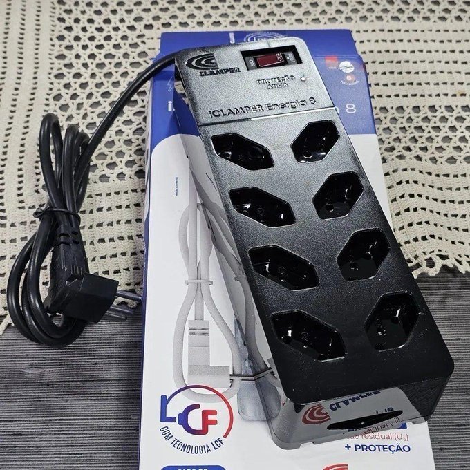 Filtro de Linha com Protetor de Surto DPS iCLAMPER Energia 8 Tomadas 3 Pinos 10 Amperes com Tecnologia LCF Anti Raio Cor Preto