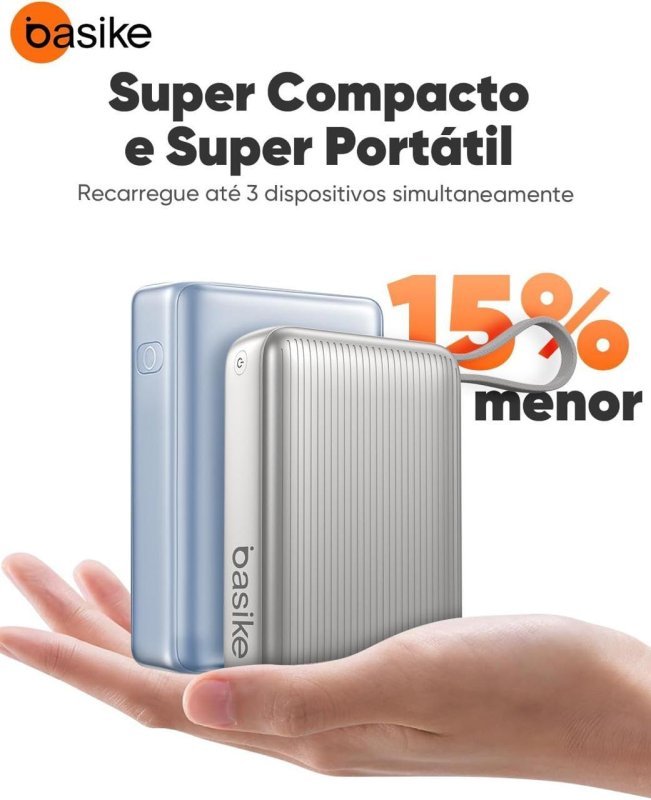 Basike Power Bank 20000mAh 45W, Cabo USB-C Integrado, Compacto, Prata