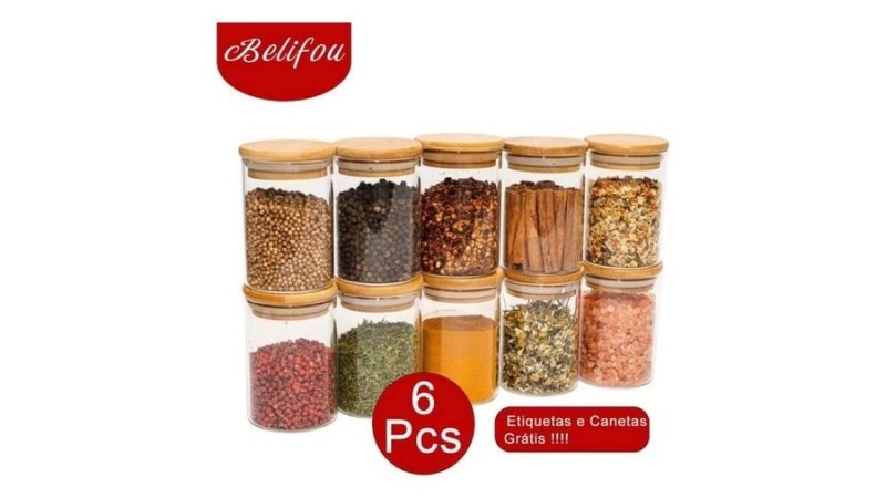 Belifou Kit 6 Potes Para Alimentos Com Tampa Bambu 200Ml