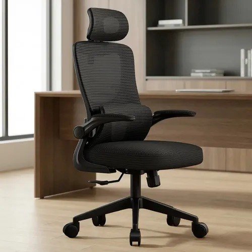 Cadeira Escritório Ergonômica Giratória Ajustável Delin Vertex Preta Em Mesh Com Suporte Lombar