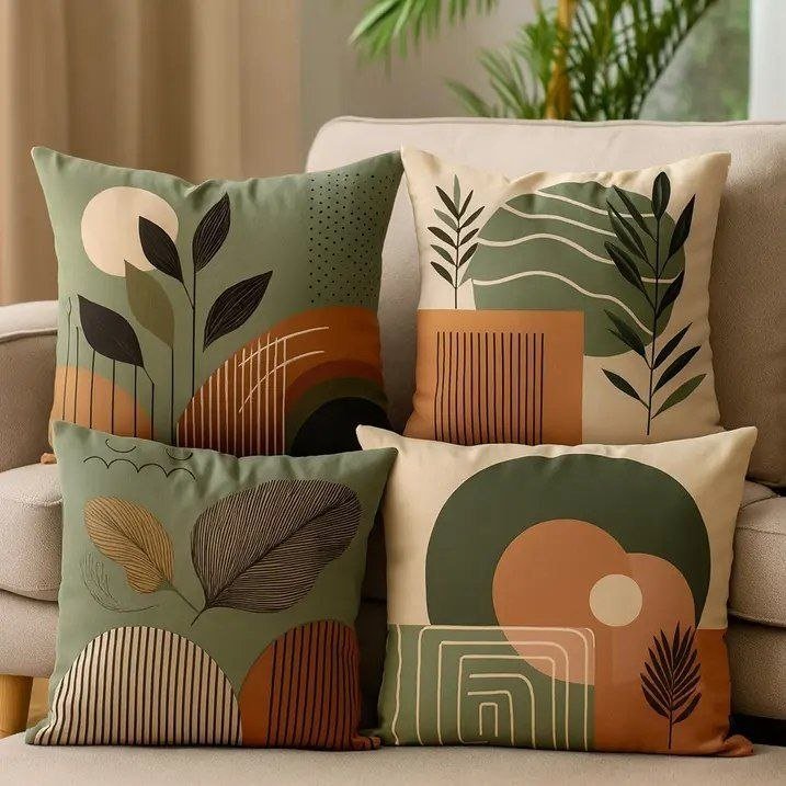 Kit 4 Capas De Almofadas Moderna 45x45 - Floral Verde E Bege