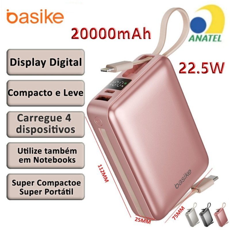 BASIKE 2026 Carregador Portátil 20000mAh - Carregamento Rápido 22.5W Power Bank