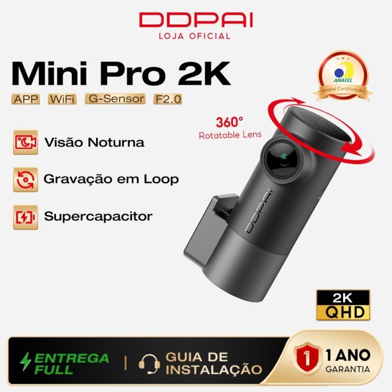 DDPAI Mini Pro Uber Câmera Veicular 2K Ângulo de 140° Dash Cam Wi-Fi Visão Noturna Monitoramento 24h