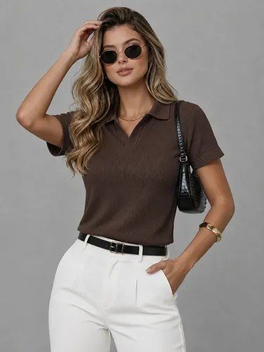 Camiseta Polo Wafle Feminina Texturizada Sem Botão Marrom Wafle P