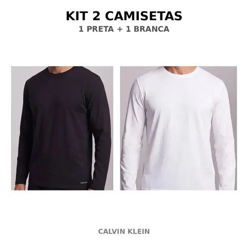 Kit 2 Camisetas Calvin Klein Manga Longa Algodão Blu045 Preto Liso G