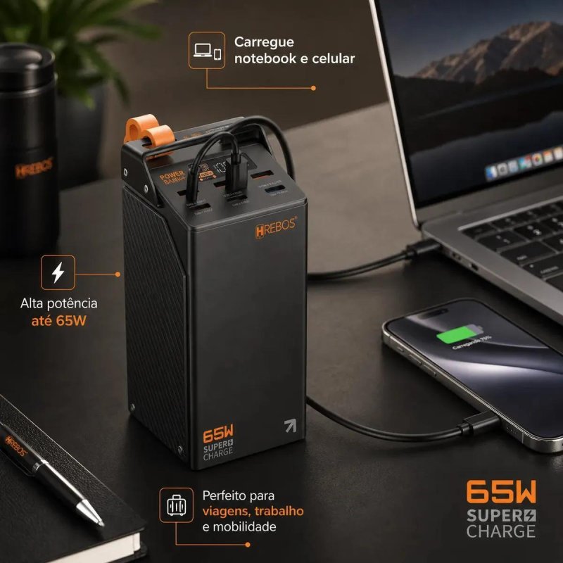 Power Bank Hrebos PB-998 50000mah 65w Turbo Usb Compatível Starlink Preto