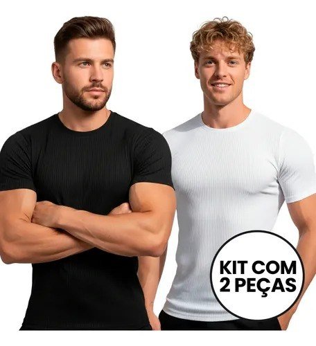 Kit 2 Camisetas Americana Canelada Textura Justa Básica Lisa Preto E Branco Liso G Ribana