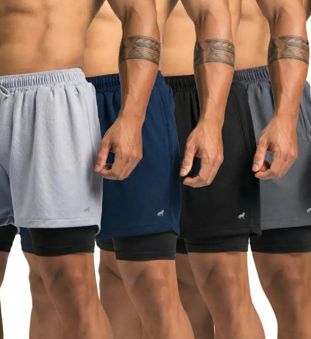 Kit 4 Bermudas 2 Em 1 Masculino Corrida Academia Treino