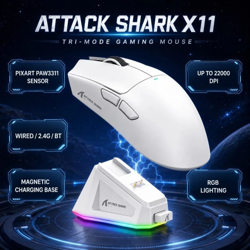 Mouse Sem Fio com Dock Attack Shark X11, Sensor Paw3311
