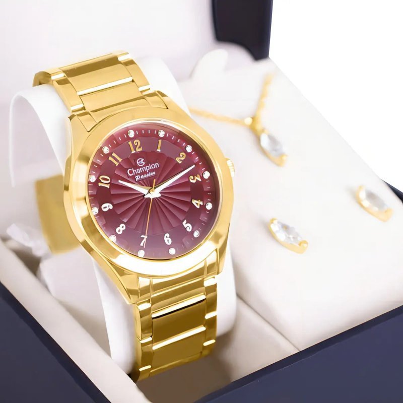Relógio Champion Feminino Dourado com Pulseira de Aço e Kit Colar e Brincos