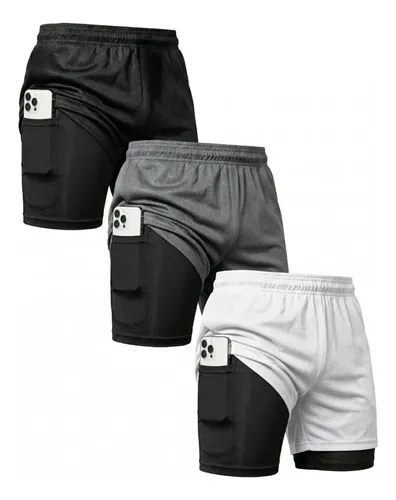 Kit 3 Shorts 2 Em 1 Duplo Bolso Para Academia Treino Corrida
