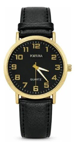 Relógio De Pulso Masculino Minimalista Old Money Fortuna Preto Cx Dourada E Preto