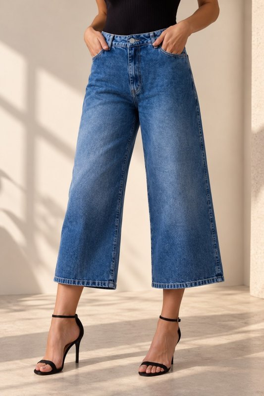 Calça Feminina Pantacourt Jeans 100% Algodão Wide Leg