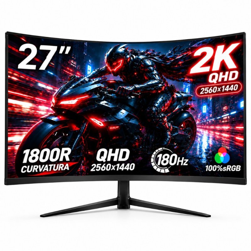 Monitor Curvo Gamer 27" IPS QHD 2k180Hz 1ms FreeSync, Tela Ultrafina