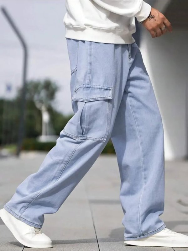 Calça Cargo Jeans Larga Bolsos Lateral