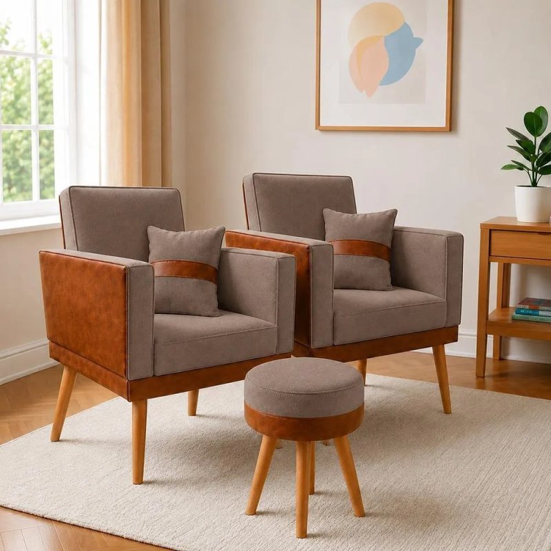 Kit 2 Poltronas Sala Lis Almofada Puff Redondo Corino Suede
