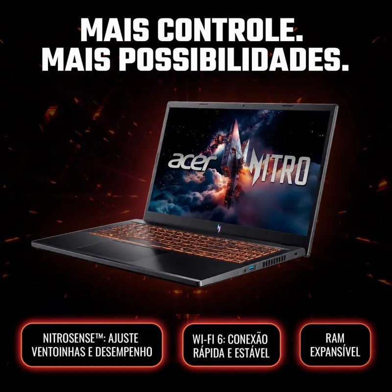 Notebook Gamer 15.6" Acer Nitro V 15 com Processador Intel Core i7 de 13ª Geração