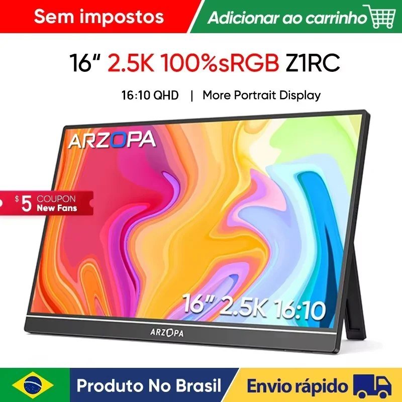 Monitor Portátil ARZOPA de 16 Polegadas 2K, Tela IPS 16:10