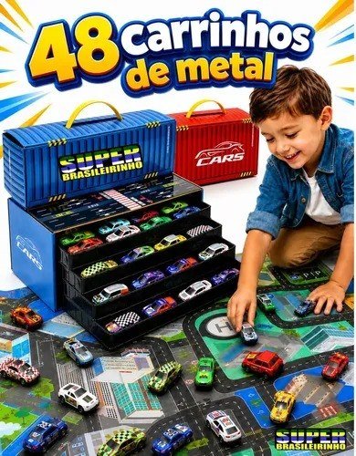 Maleta 48 Carrinhos + Tapete Pista 40x60 Estacionamento Brinquedo Infantil Presente Criança - Super Brasileirinho