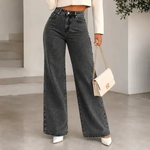 Calça Jeans Pantalona Wide Leg Feminina Cintura Alta Larga