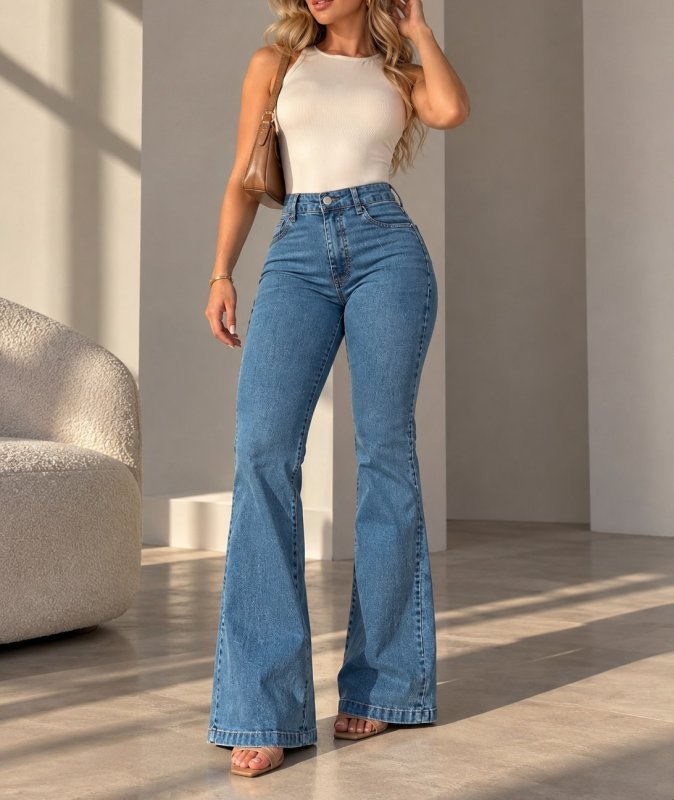 Calça Jeans Feminina Country Flare Cós Alto Com Elastano