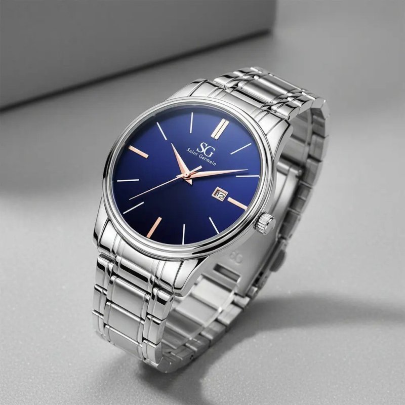 Relógio Masculino Clássico Pulseira Prata Correia Prateada Bisel Prateado Fundo Azul Marinho Saint Germain 42mm Elegante Detalhes Bronze