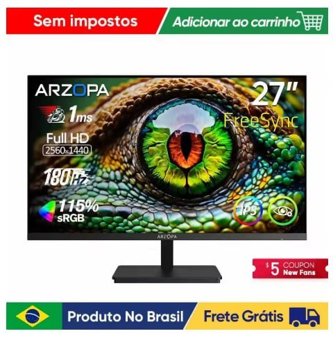 Novo Monitor ARZOPA de 27 Polegadas, Monitor de Jogos 180Hz QHD 2K para PC, 2560*1440, Fast IPS, com Type-C, Modo Samsung DeX, FreeS