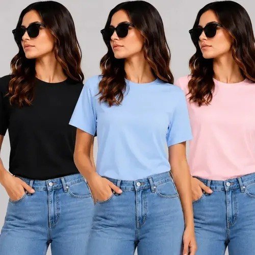 Kit Camiseta T-shit Feminina Malha Peruana Básica Oversized Preto - Azul Bebe - Rosa Claro Gg Liso