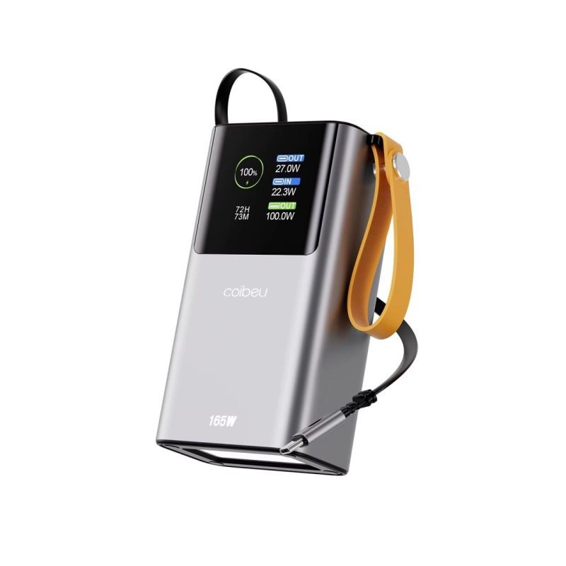 Coibeu Power Bank 25.000mAh 165W PD, Carregamento Rápido USB-C, Cabo Retrátil Integrado, Display Digital e Lanterna LED para Notebook, Celular e Tablet